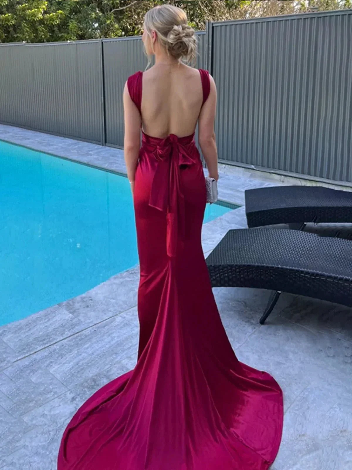 Nanala | Burgundy Mermaid Straps Satin Pleated Long Prom Dress with Train - Image 2