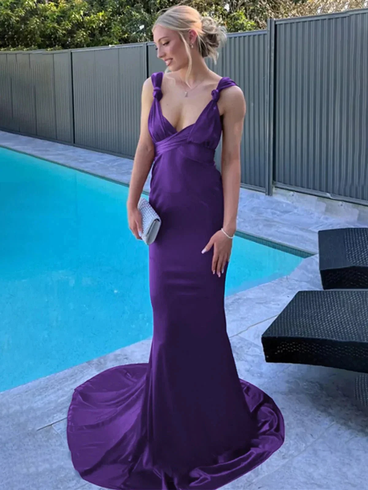 Nanala | Burgundy Mermaid Straps Satin Pleated Long Prom Dress with Train - Image 3