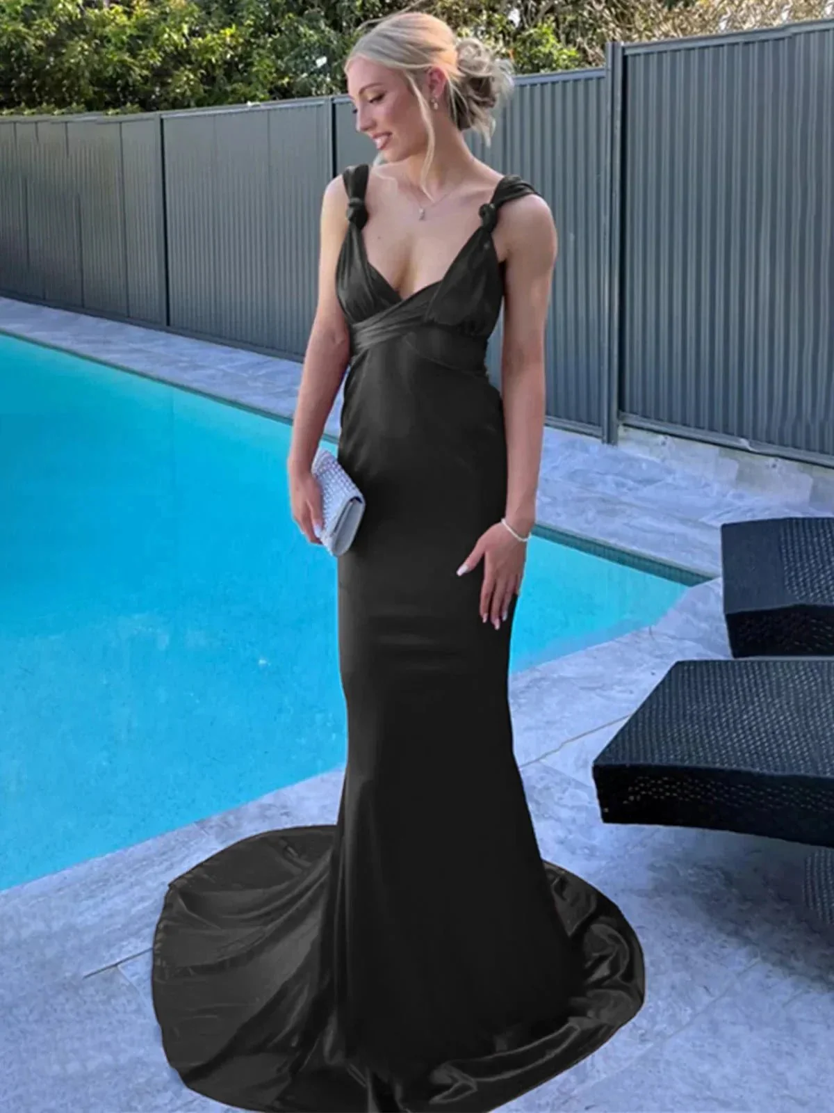 Nanala | Burgundy Mermaid Straps Satin Pleated Long Prom Dress with Train - Image 7