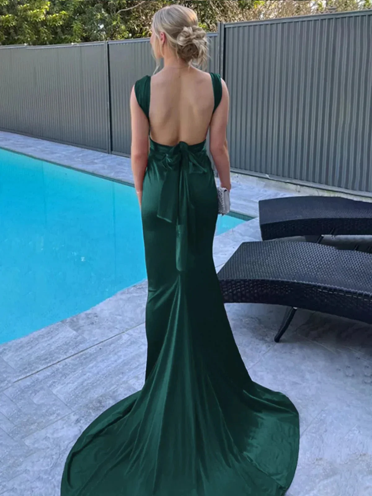 Nanala | Burgundy Mermaid Straps Satin Pleated Long Prom Dress with Train - Image 9