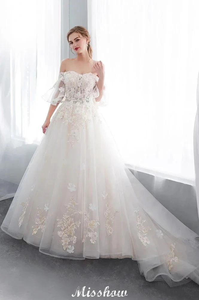 Off-the-shoulder Aline Ball Gown Floor Length Appliques Tulle Wedding Dress - Image 10