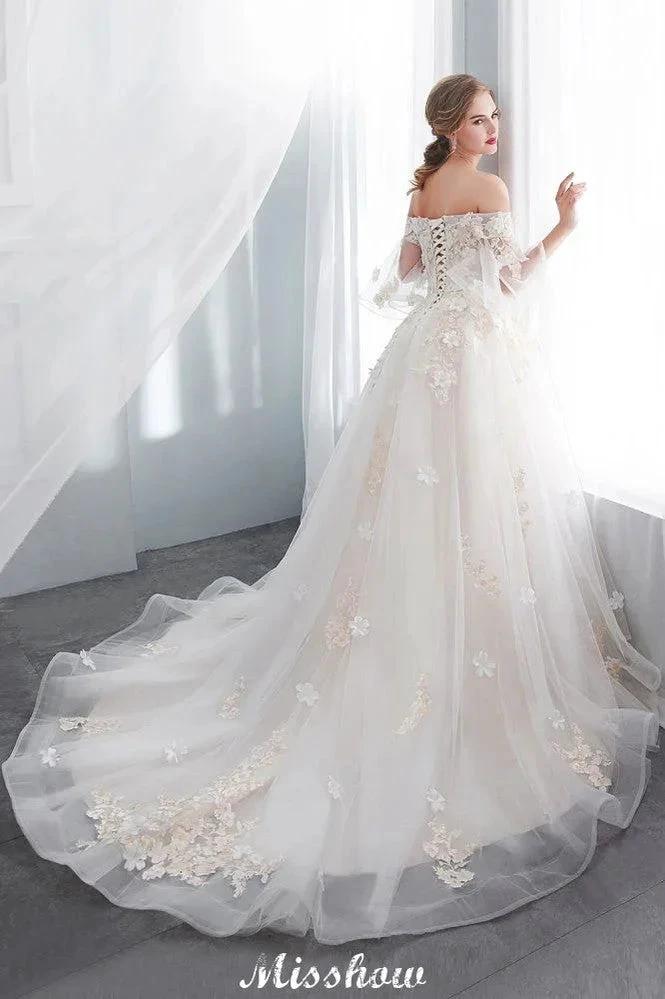 Off-the-shoulder Aline Ball Gown Floor Length Appliques Tulle Wedding Dress - Image 2