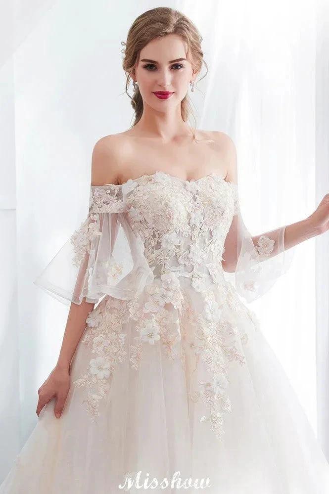 Off-the-shoulder Aline Ball Gown Floor Length Appliques Tulle Wedding Dress - Image 3