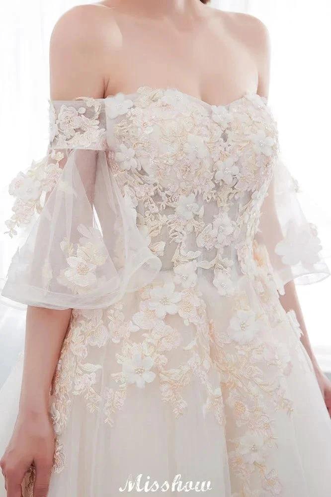 Off-the-shoulder Aline Ball Gown Floor Length Appliques Tulle Wedding Dress - Image 4