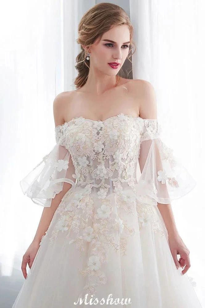 Off-the-shoulder Aline Ball Gown Floor Length Appliques Tulle Wedding Dress - Image 7