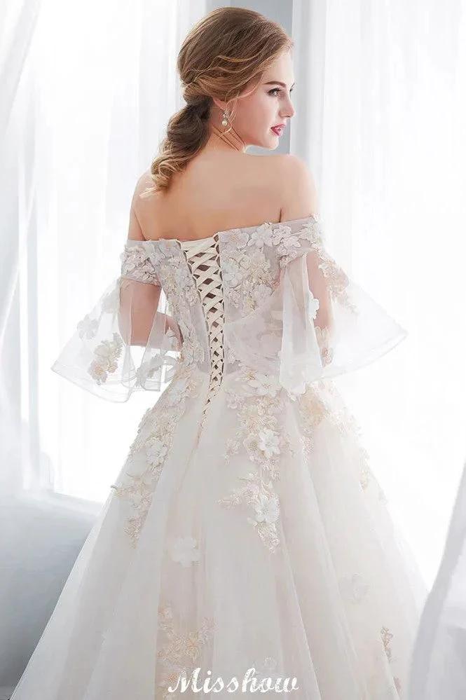 Off-the-shoulder Aline Ball Gown Floor Length Appliques Tulle Wedding Dress - Image 8