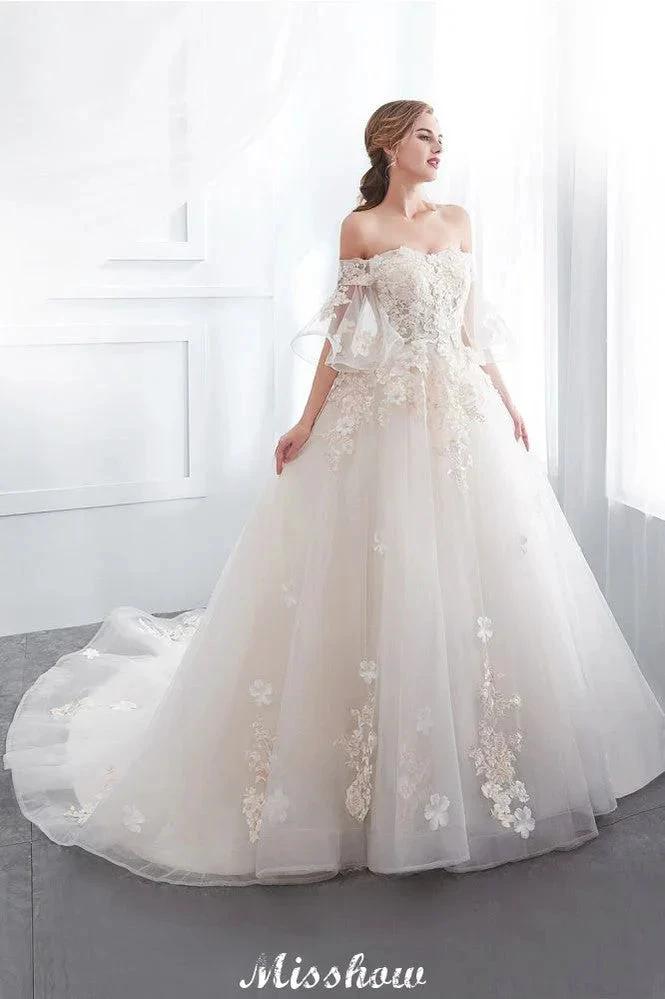 Off-the-shoulder Aline Ball Gown Floor Length Appliques Tulle Wedding Dress - Image 9