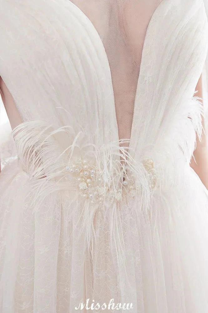 A-line Sleeveless Floor Length Lace Ivory Wedding Dress - Image 3