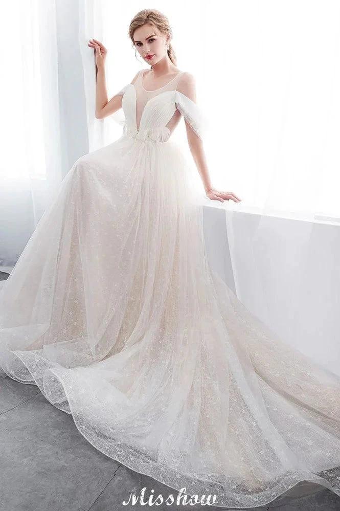 A-line Sleeveless Floor Length Lace Ivory Wedding Dress - Image 9