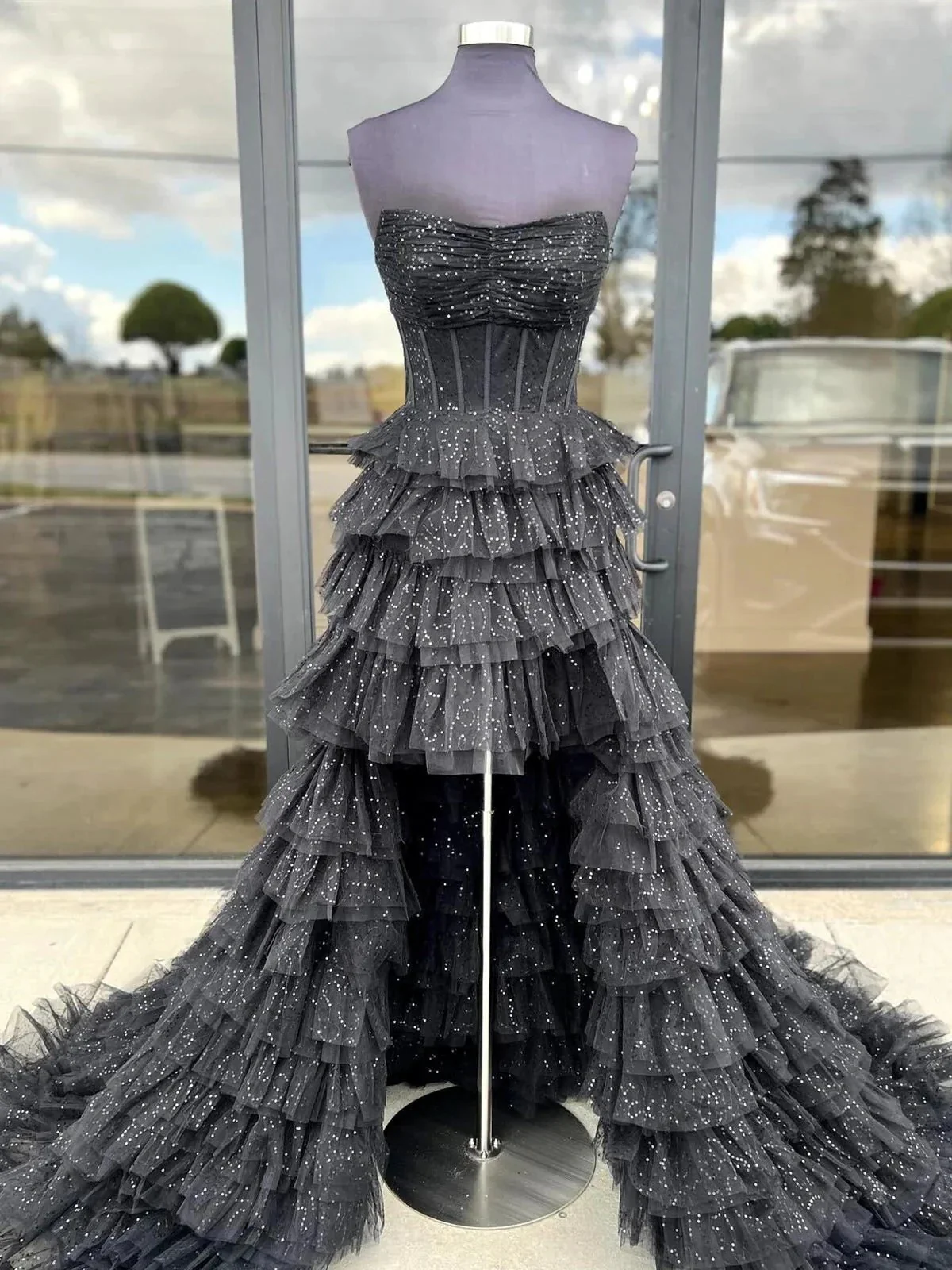 Nanette | Black Strapless High Low Ruffles Tulle Prom Dress - Image 2