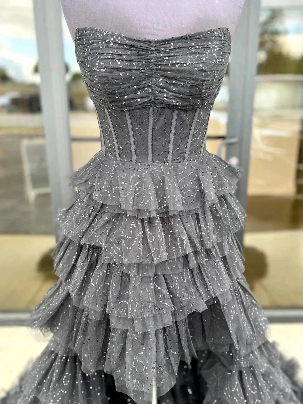 Nanette | Black Strapless High Low Ruffles Tulle Prom Dress - Image 3