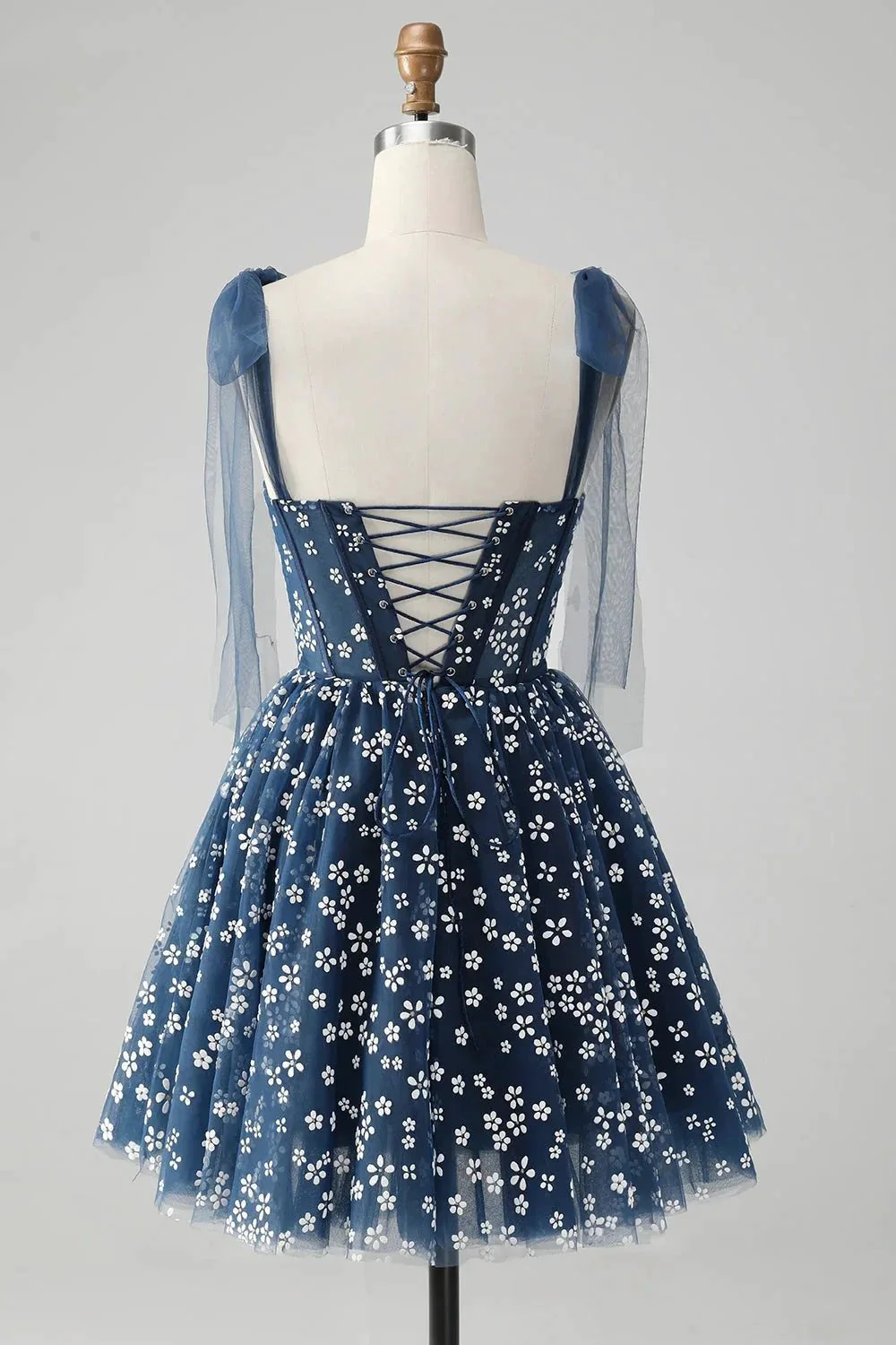 Cute A Line Spaghetti Straps Print Corset Navy Short Homecoming Dress - Image 2