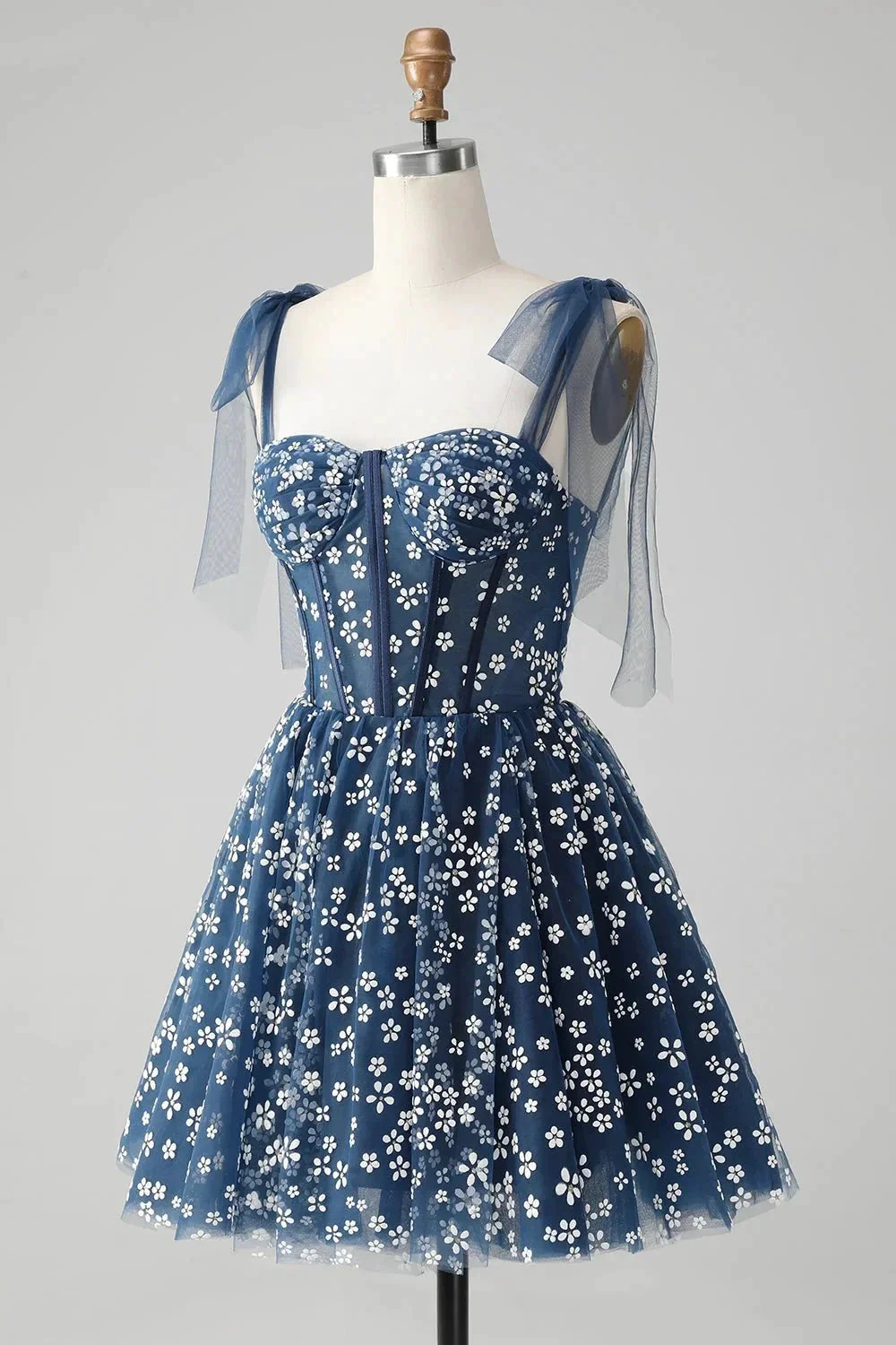 Cute A Line Spaghetti Straps Print Corset Navy Short Homecoming Dress - Image 3
