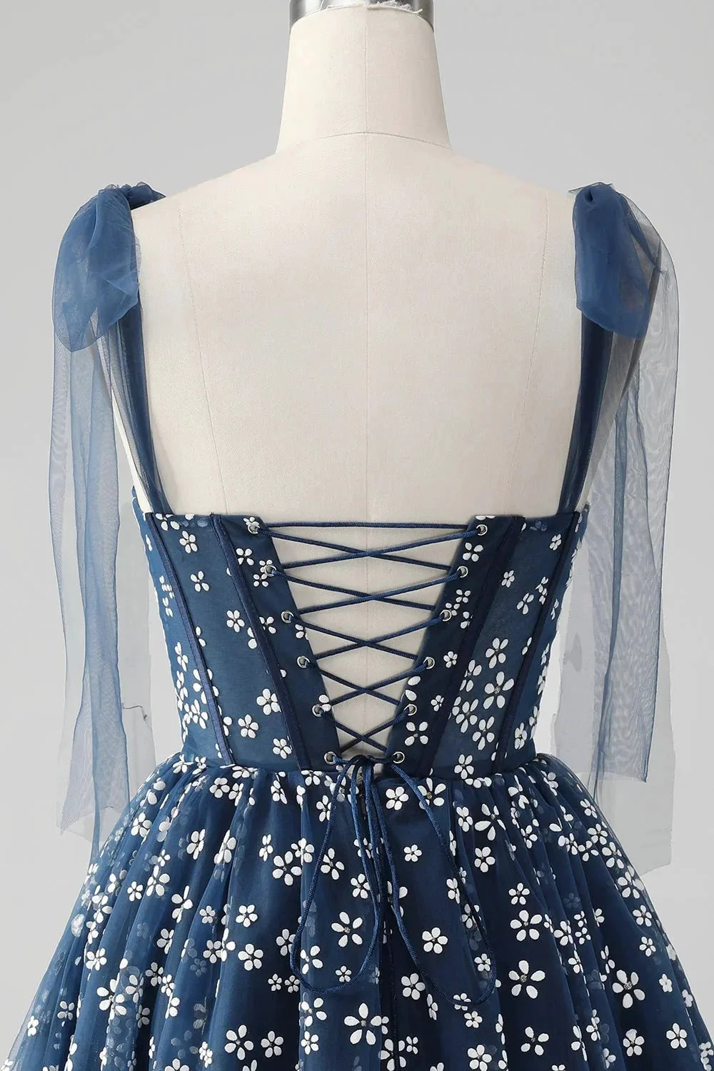 Cute A Line Spaghetti Straps Print Corset Navy Short Homecoming Dress - Image 5