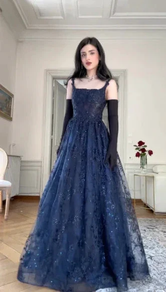 Navy Blue A Line Lace Appliques Prom Dress Elegant   Evening Gown Y7830 - Image 2