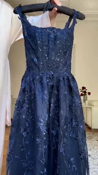 Navy Blue A Line Lace Appliques Prom Dress Elegant   Evening Gown Y7830 - Image 3