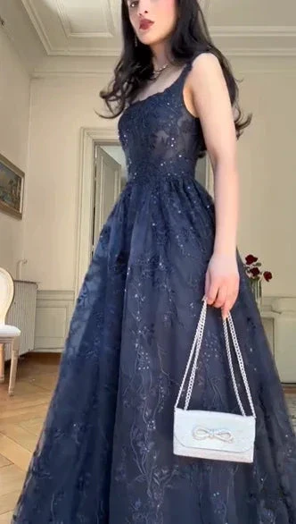 Navy Blue A Line Lace Appliques Prom Dress Elegant   Evening Gown Y7830 - Image 4