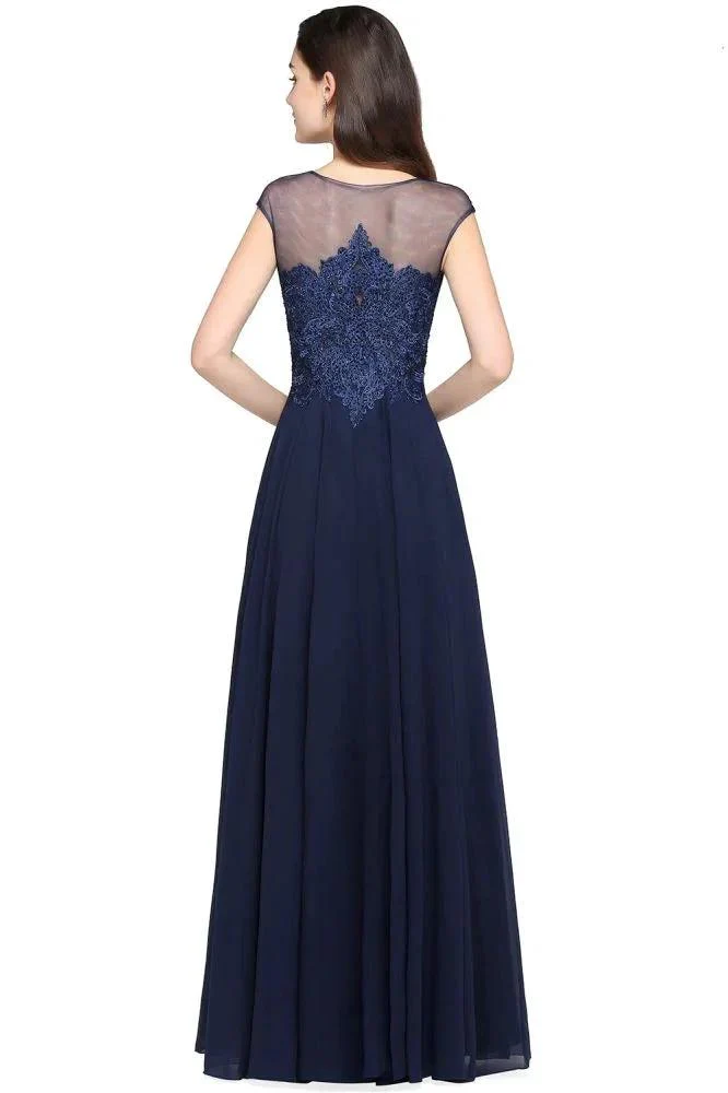 Navy Blue A-line Scoop Appliques Chiffon Prom Dress - Image 2