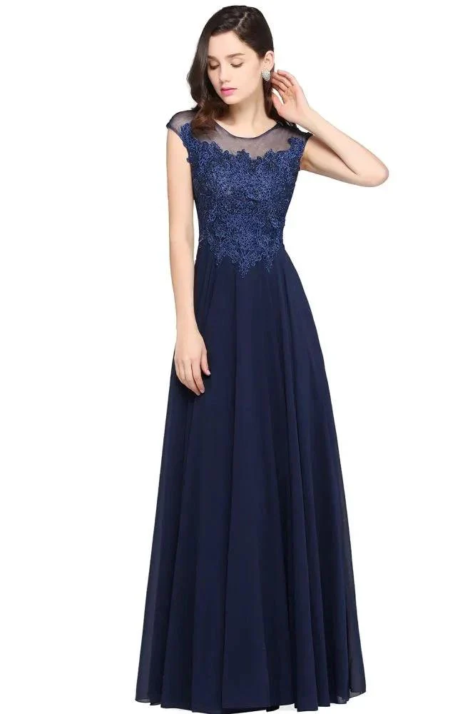 Navy Blue A-line Scoop Appliques Chiffon Prom Dress - Image 3