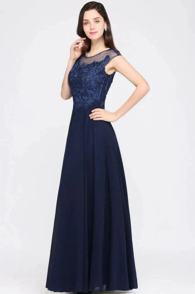 Navy Blue A-line Scoop Appliques Chiffon Prom Dress - Image 4