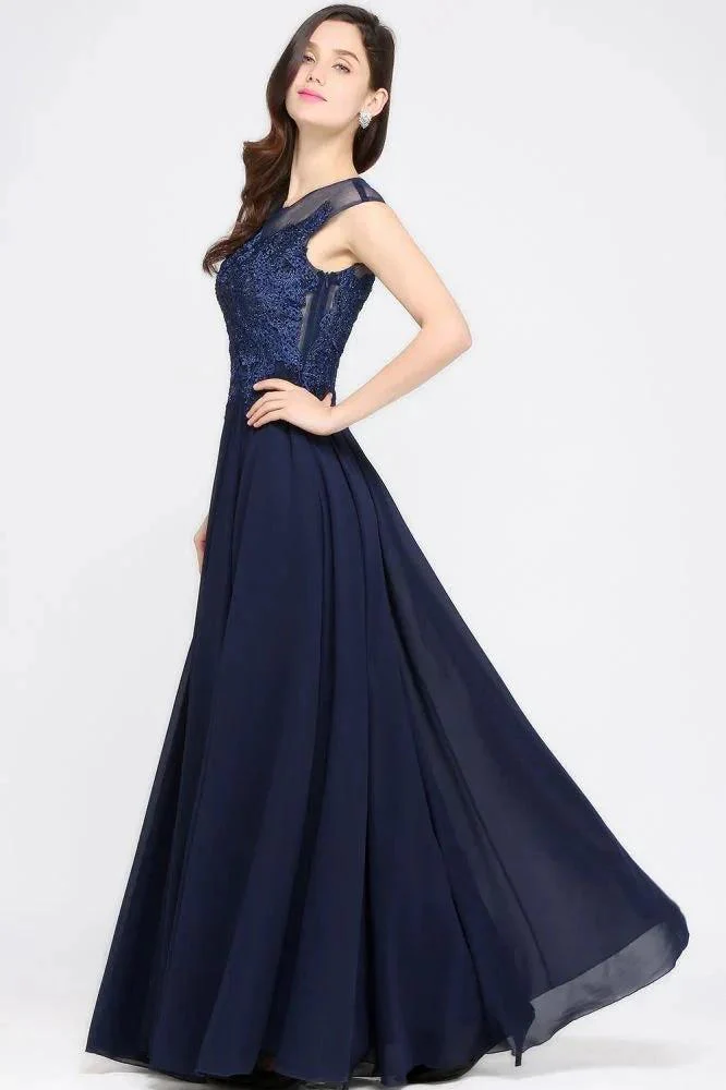 Navy Blue A-line Scoop Appliques Chiffon Prom Dress - Image 5