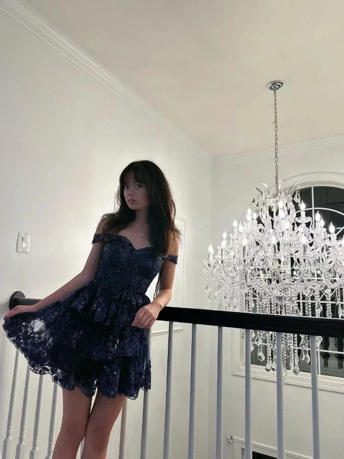 Navy Blue A-Line Sweetheart Lace Tiered Short Homecoming Dress Y8107 - Image 3