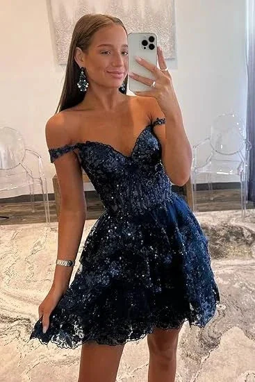 Navy Blue A-Line Sweetheart Lace Tiered Short Homecoming Dress Y8107 - Image 4