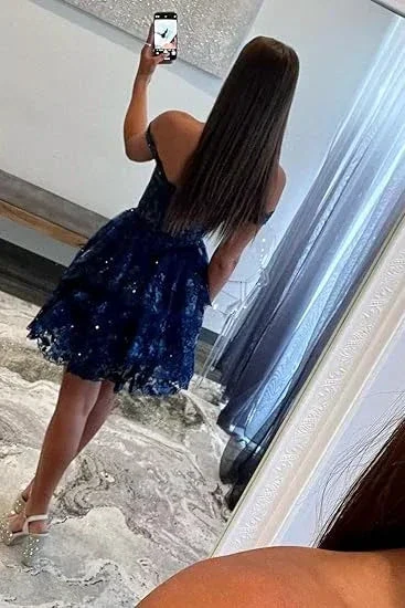 Navy Blue A-Line Sweetheart Lace Tiered Short Homecoming Dress Y8107 - Image 5
