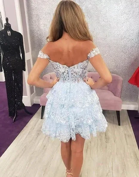 Navy Blue A-Line Sweetheart Lace Tiered Short Homecoming Dress Y8107 - Image 9