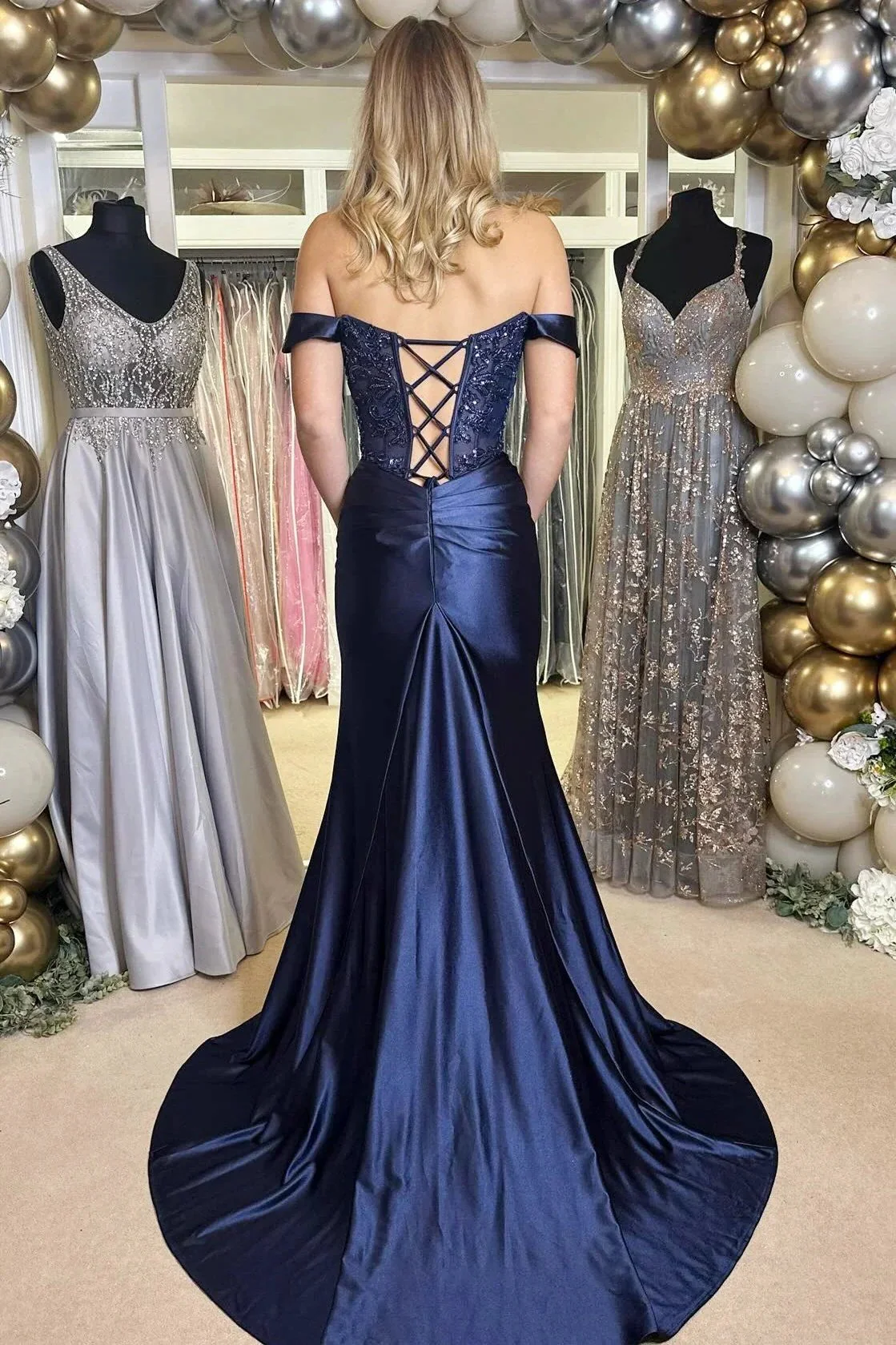Gwen | Navy Blue Appliques Off-the-Shoulder Long Prom Dress with Slit - Image 2