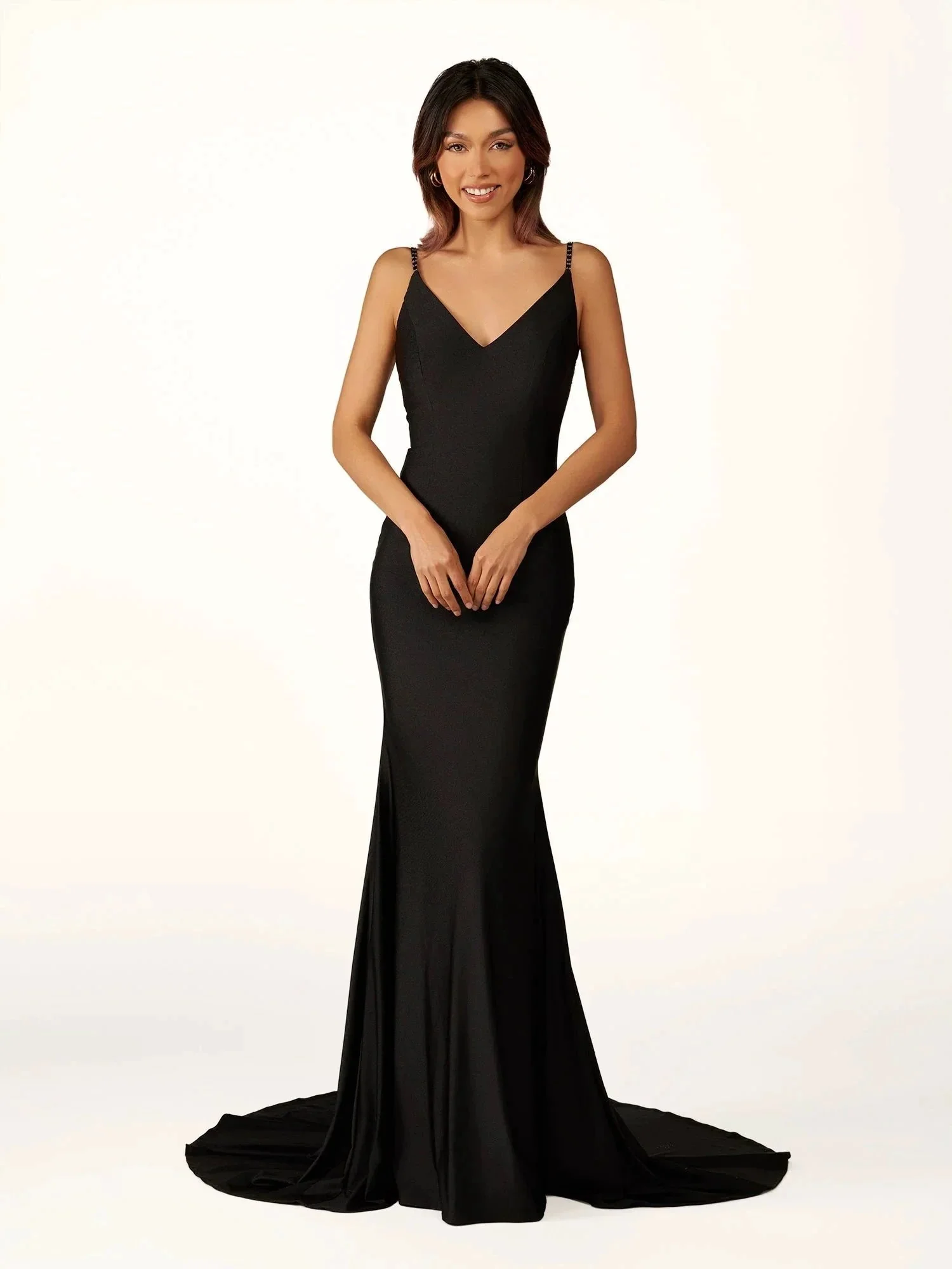Navy Blue Beaded V-Neck Backless Mermaid Long Prom Dress - Image 6
