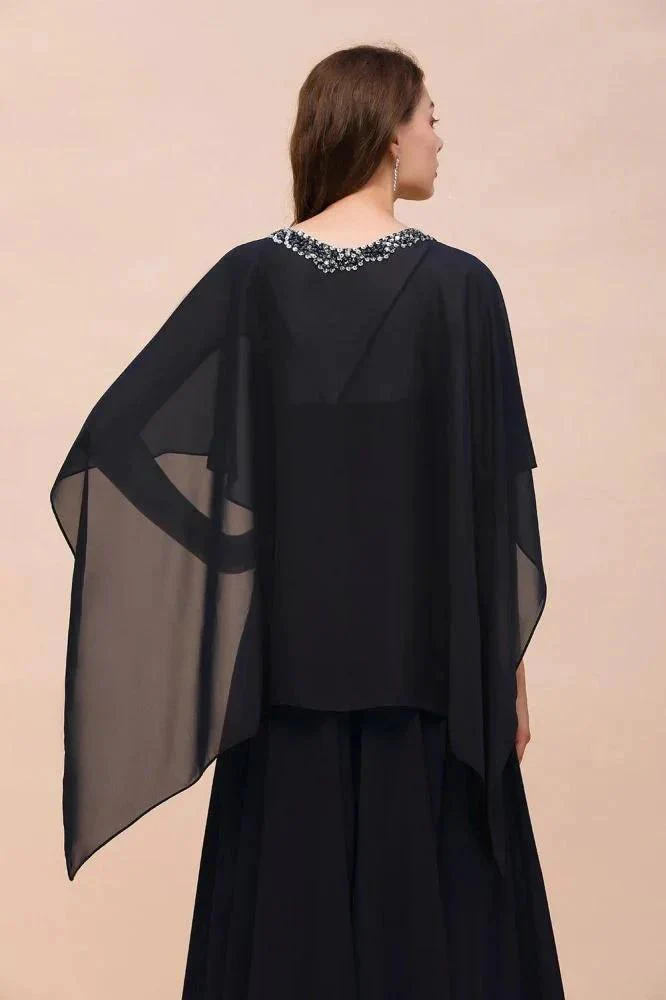 Navy Blue Bridesmaid Dress with Beading Wraps Floor Length Chiffon Maid of Honor Dress - Image 2