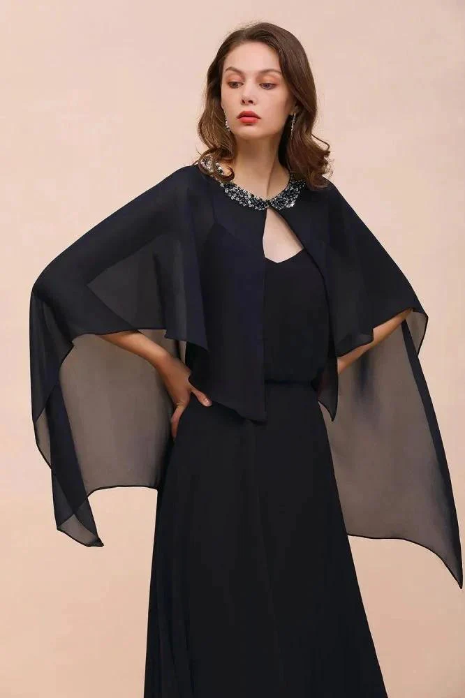 Navy Blue Bridesmaid Dress with Beading Wraps Floor Length Chiffon Maid of Honor Dress - Image 3