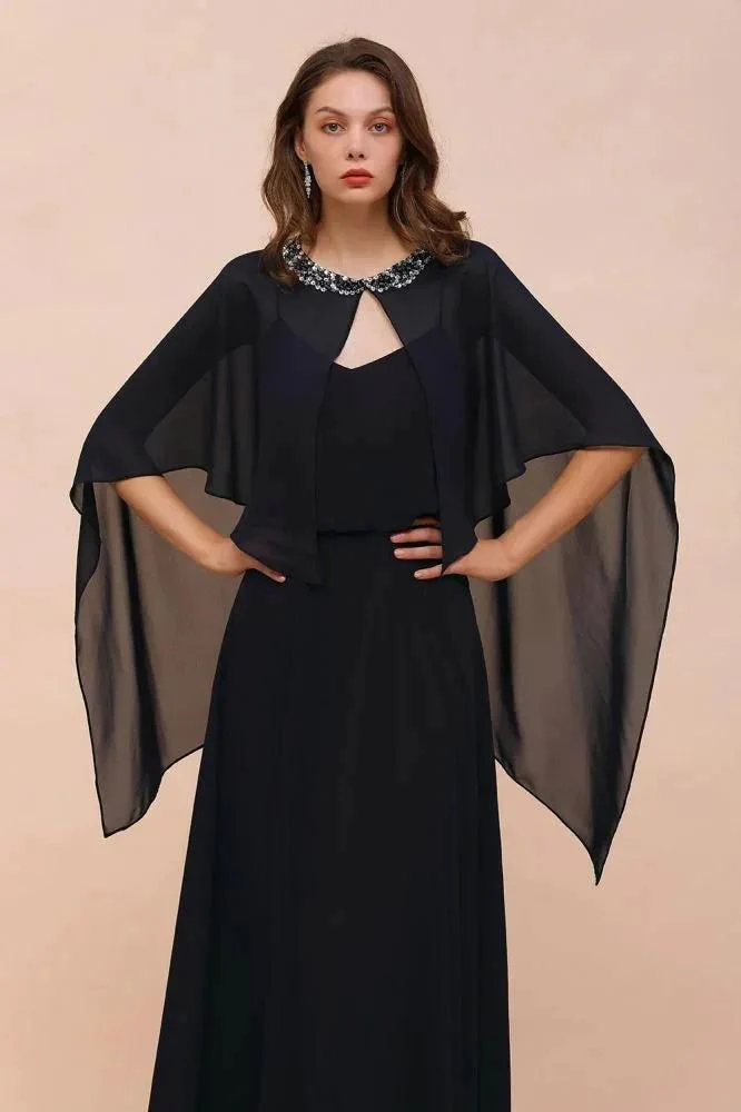 Navy Blue Bridesmaid Dress with Beading Wraps Floor Length Chiffon Maid of Honor Dress - Image 4
