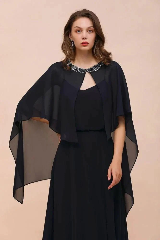 Navy Blue Bridesmaid Dress with Beading Wraps Floor Length Chiffon Maid of Honor Dress - Image 5