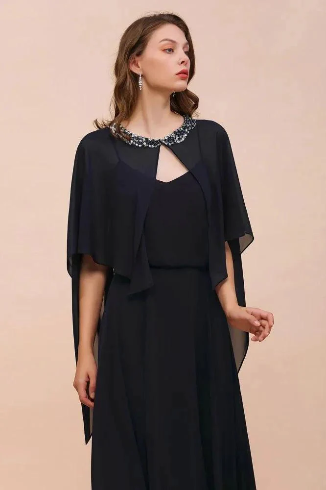 Navy Blue Bridesmaid Dress with Beading Wraps Floor Length Chiffon Maid of Honor Dress - Image 6