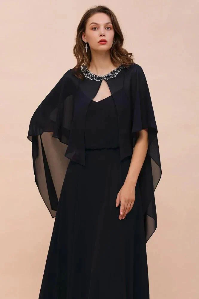 Navy Blue Bridesmaid Dress with Beading Wraps Floor Length Chiffon Maid of Honor Dress - Image 7