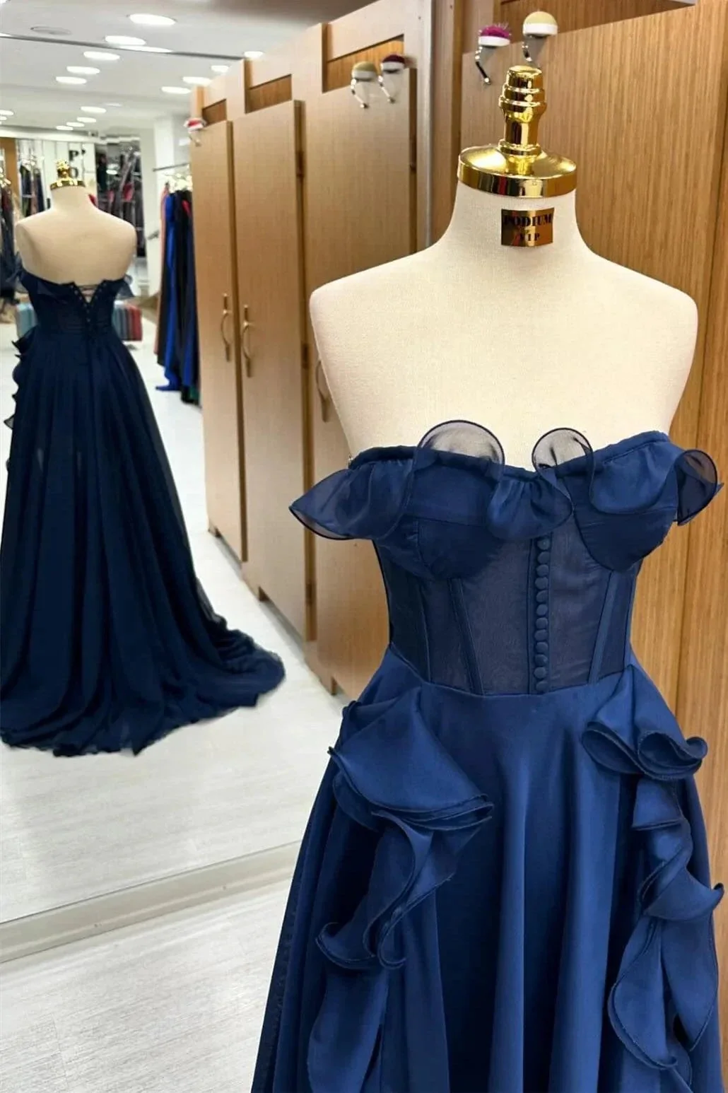 A Line Navy Blue Corset Ruffle Maxi Prom Dress - Image 2
