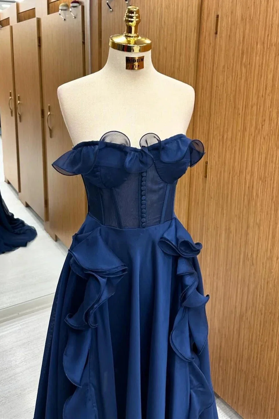 A Line Navy Blue Corset Ruffle Maxi Prom Dress - Image 3