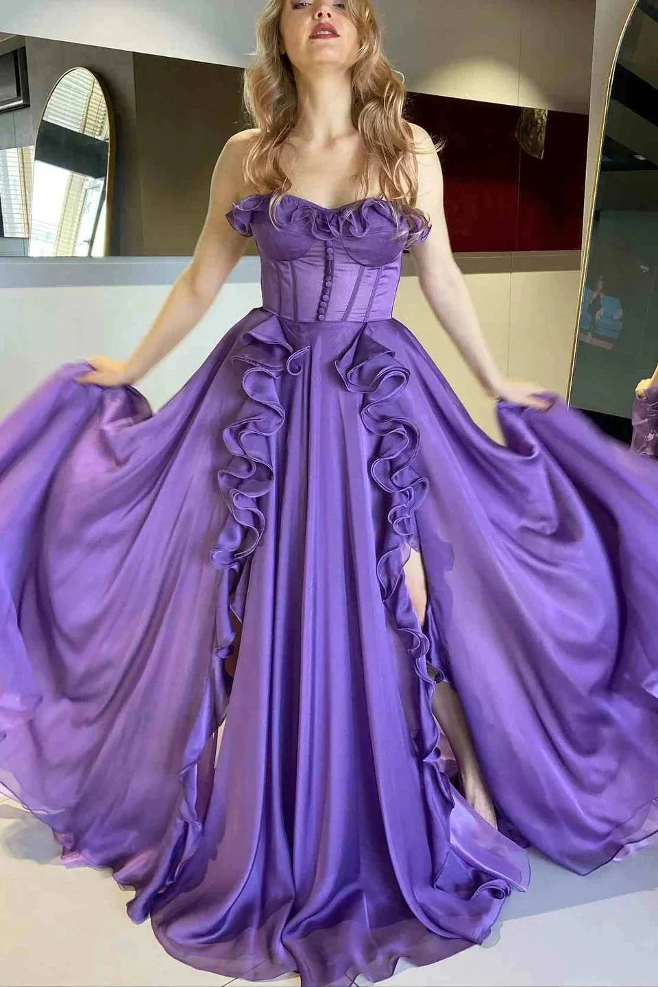 A Line Navy Blue Corset Ruffle Maxi Prom Dress - Image 4