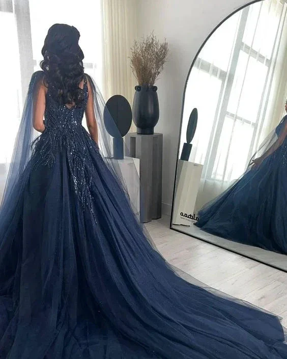 Navy Blue Glitter Square Neck Tulle Long Sleeves Luxury Ball Gown  Y4883 - Image 2