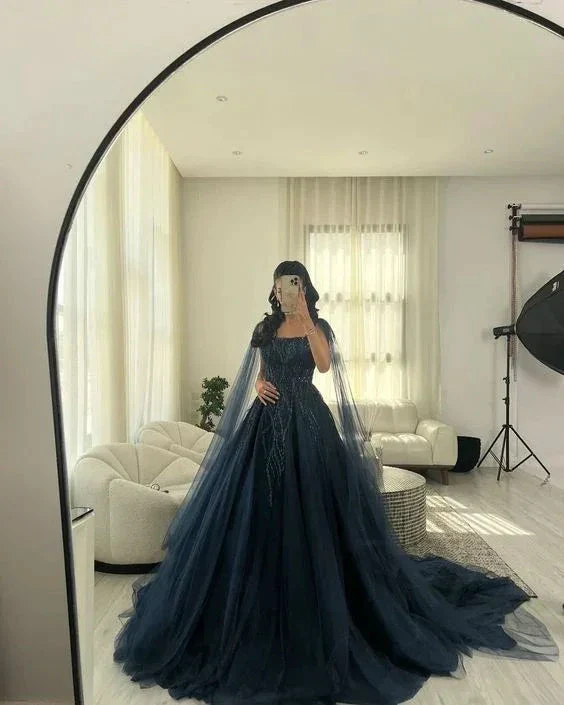 Navy Blue Glitter Square Neck Tulle Long Sleeves Luxury Ball Gown  Y4883 - Image 3