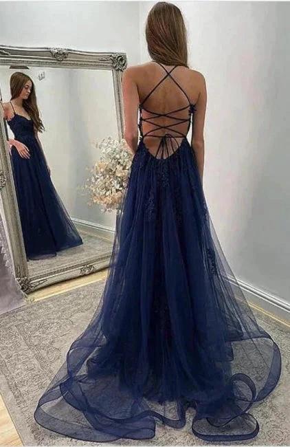 Navy Blue Halter Front Slit Spaghetti Straps A-Line Tulle Prom Dress - Image 2