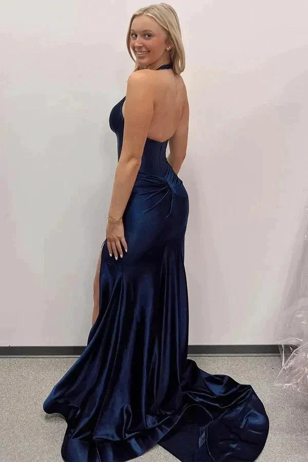 Navy Blue Halter Mermaid Long Prom Dress with Slit  PSK525 - Image 2