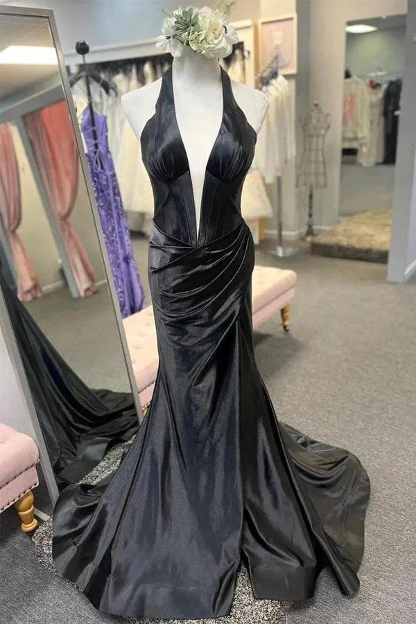 Navy Blue Halter Mermaid Long Prom Dress with Slit  PSK525 - Image 6