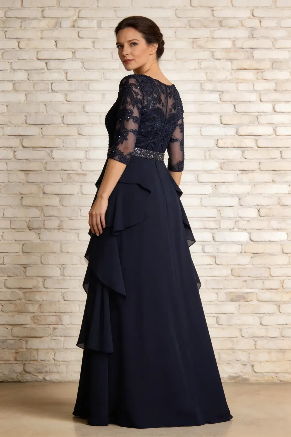 Navy Blue Lace Applique Chiffon Mother of the Bride Dress - Image 2