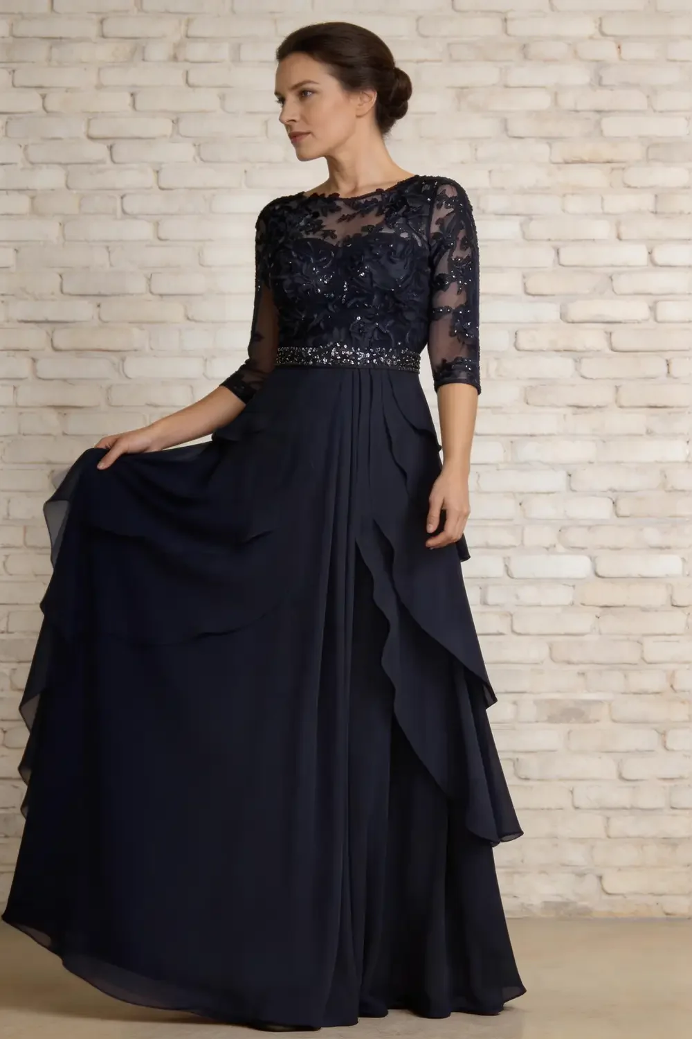 Navy Blue Lace Applique Chiffon Mother of the Bride Dress - Image 3