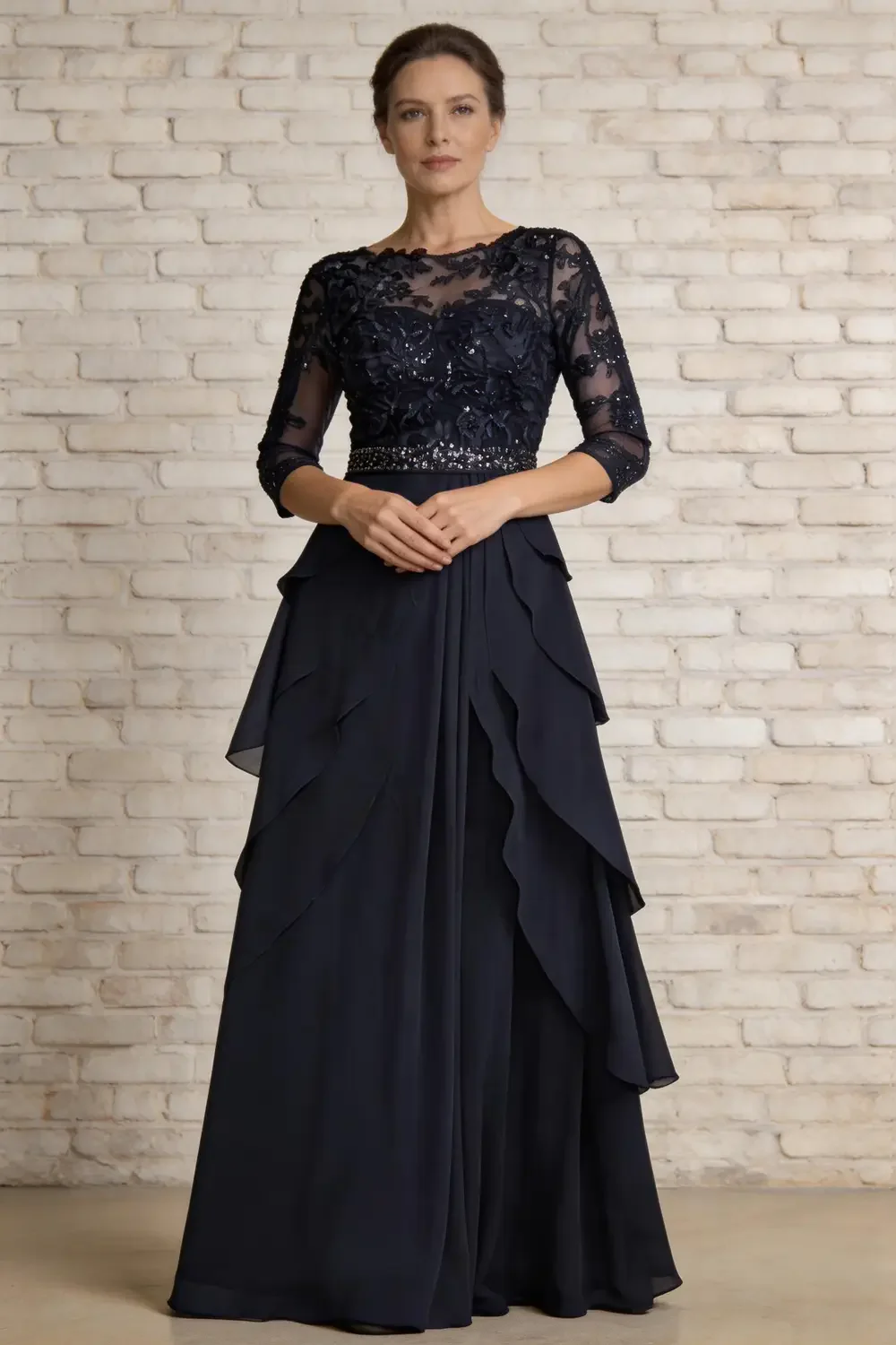 Navy Blue Lace Applique Chiffon Mother of the Bride Dress - Image 4