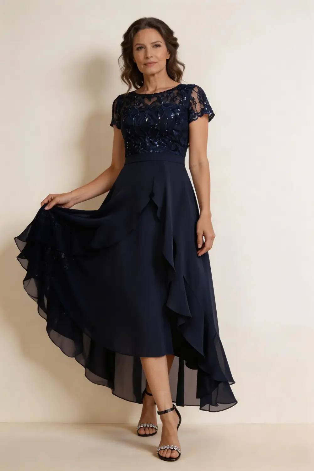 Navy Blue Lace Sequin Bodice Chiffon High Low Mother of the Bride Dress - Image 3