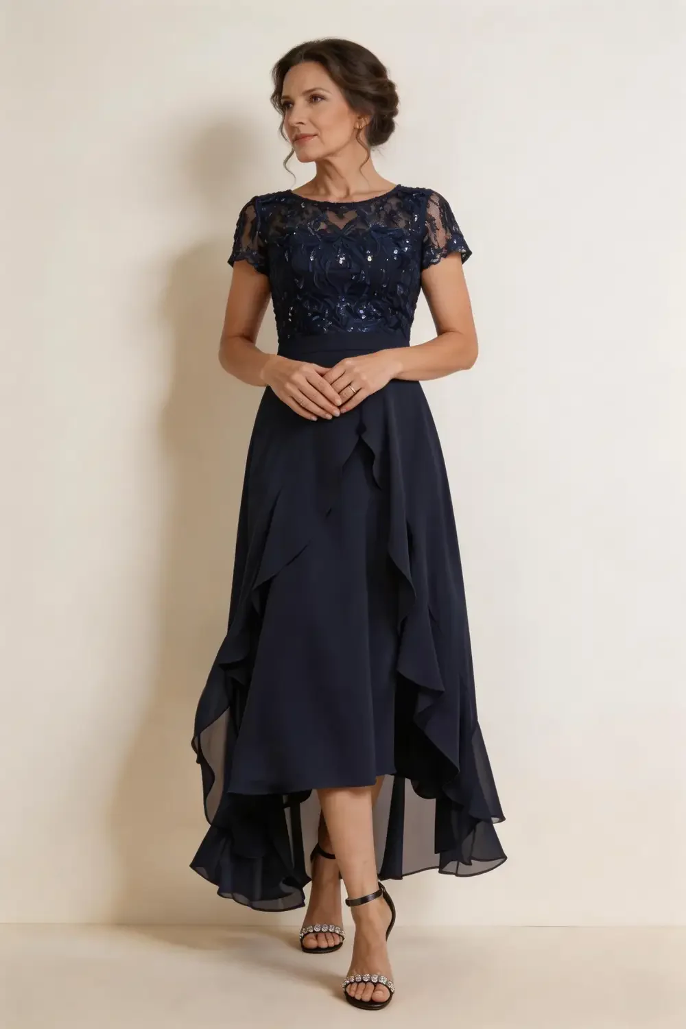Navy Blue Lace Sequin Bodice Chiffon High Low Mother of the Bride Dress - Image 4